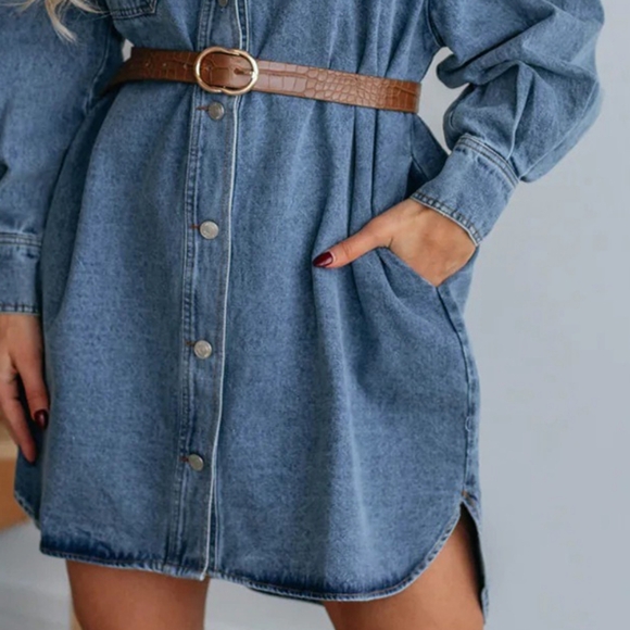 Oversized Denim Boyfriend Pocket Jean Collar Shirt Dress Long Sleeve High-low Mi - Picture 8 of 14